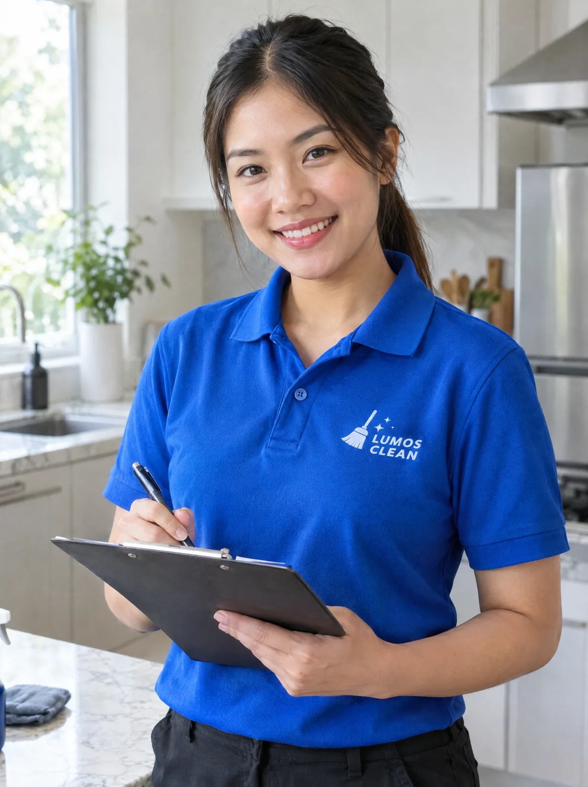 Lumos Clean team member with a clipboard